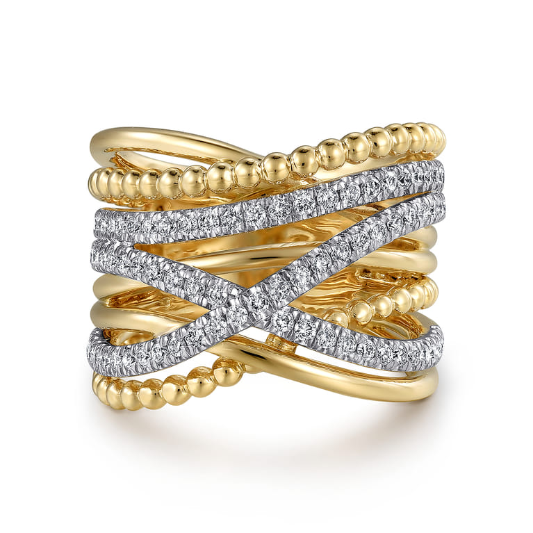 14K Yellow Gold Wide Bujukan Criss Cross Diamond Ring - 0.55 ct - Shot 1