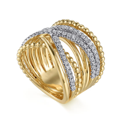 14K Yellow Gold Wide Bujukan Criss Cross Diamond Ring