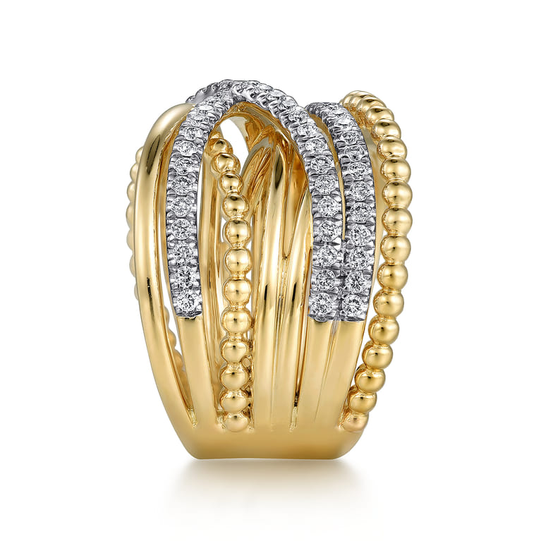 14K Yellow Gold Wide Bujukan Criss Cross Diamond Ring - 0.55 ct - Shot 4