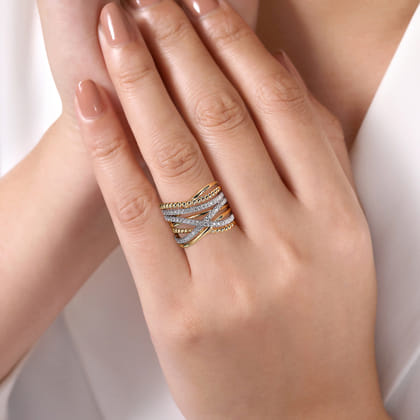 14K Yellow Gold Wide Bujukan Criss Cross Diamond Ring