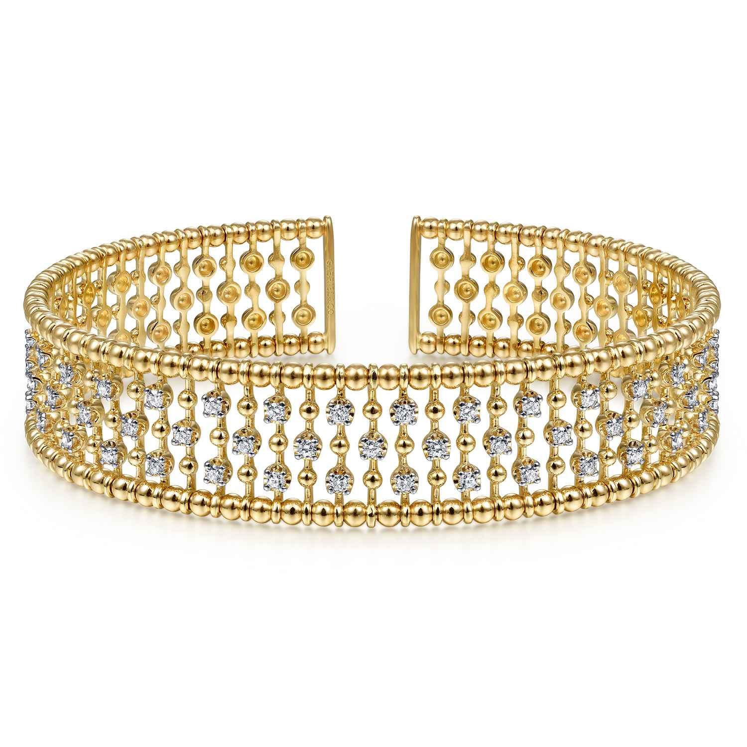 14K Yellow Gold Wide Diamond Cage Cuff Bracelet - 0.7 ct - Shot 1