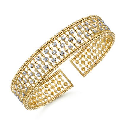 14K Yellow Gold Wide Diamond Cage Cuff Bracelet