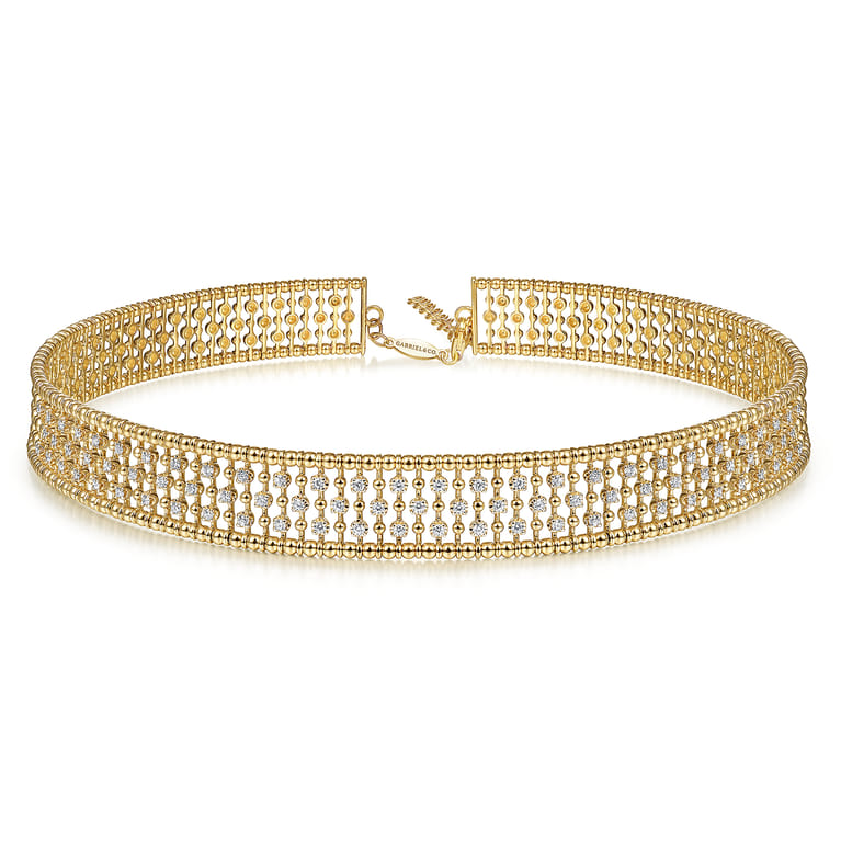 14K Yellow Gold Wide Diamond Station Choker Necklace with Bujukan Beads 11.5+4 inch - 1.25 ct - Shot 1