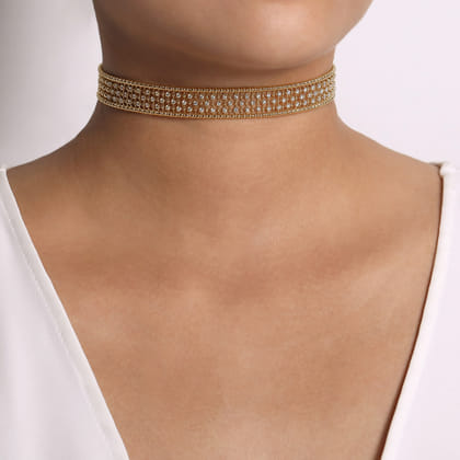 14K Yellow Gold Wide Diamond Station Choker Necklace with Bujukan Beads 11.5+4 inch