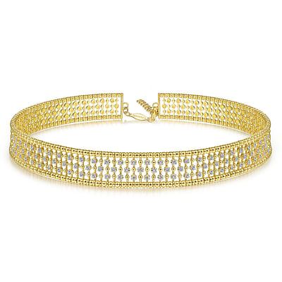 14K Yellow Gold Wide Diamond Station Choker Necklace with Bujukan Beads  13 5+2 inch