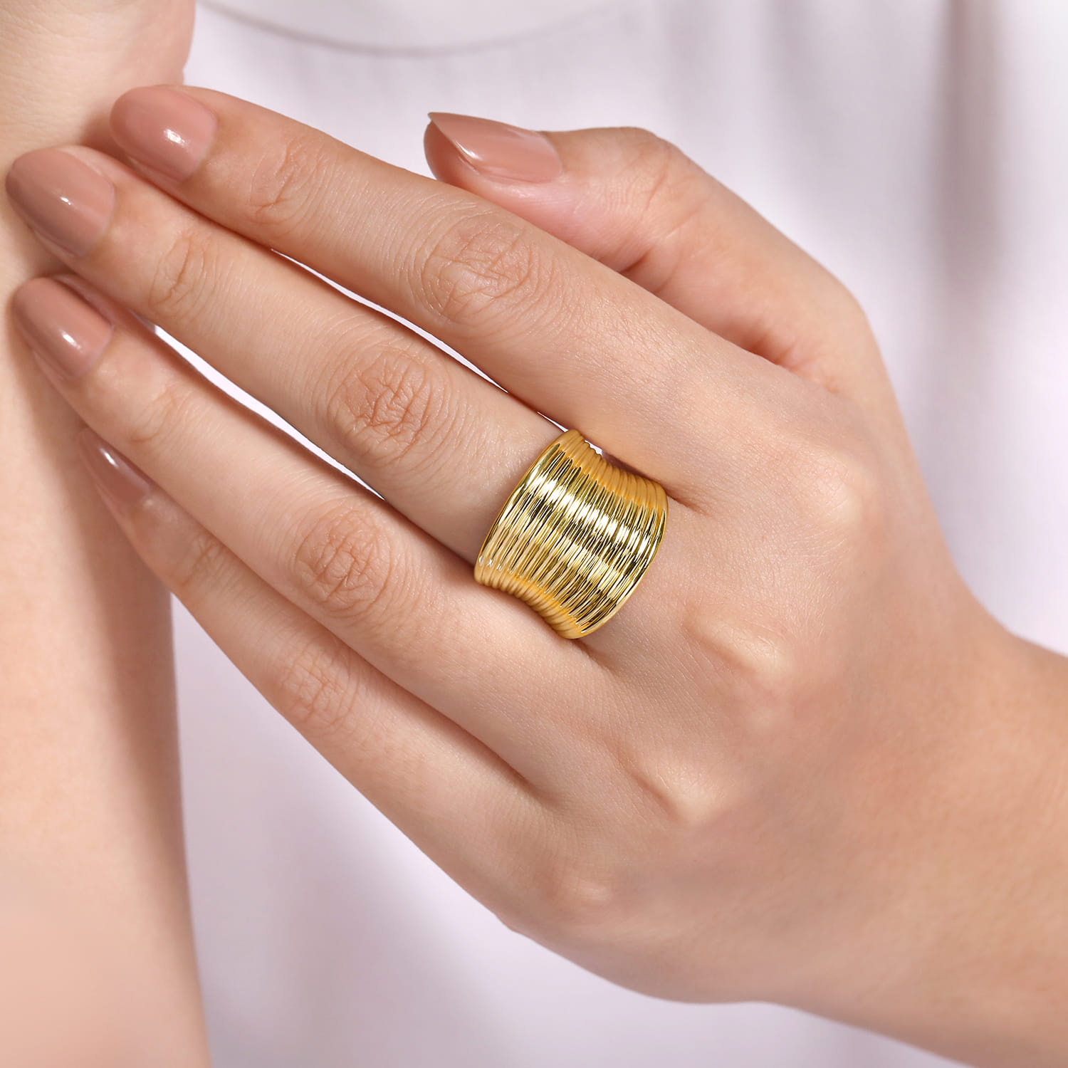 14K Yellow Gold Wide Horizontal Rows Convex Ring - Shot 5