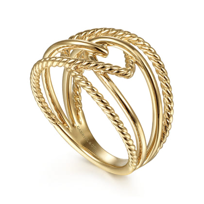 14K Yellow Gold Wide Intersecting Twisted Rope Ring
