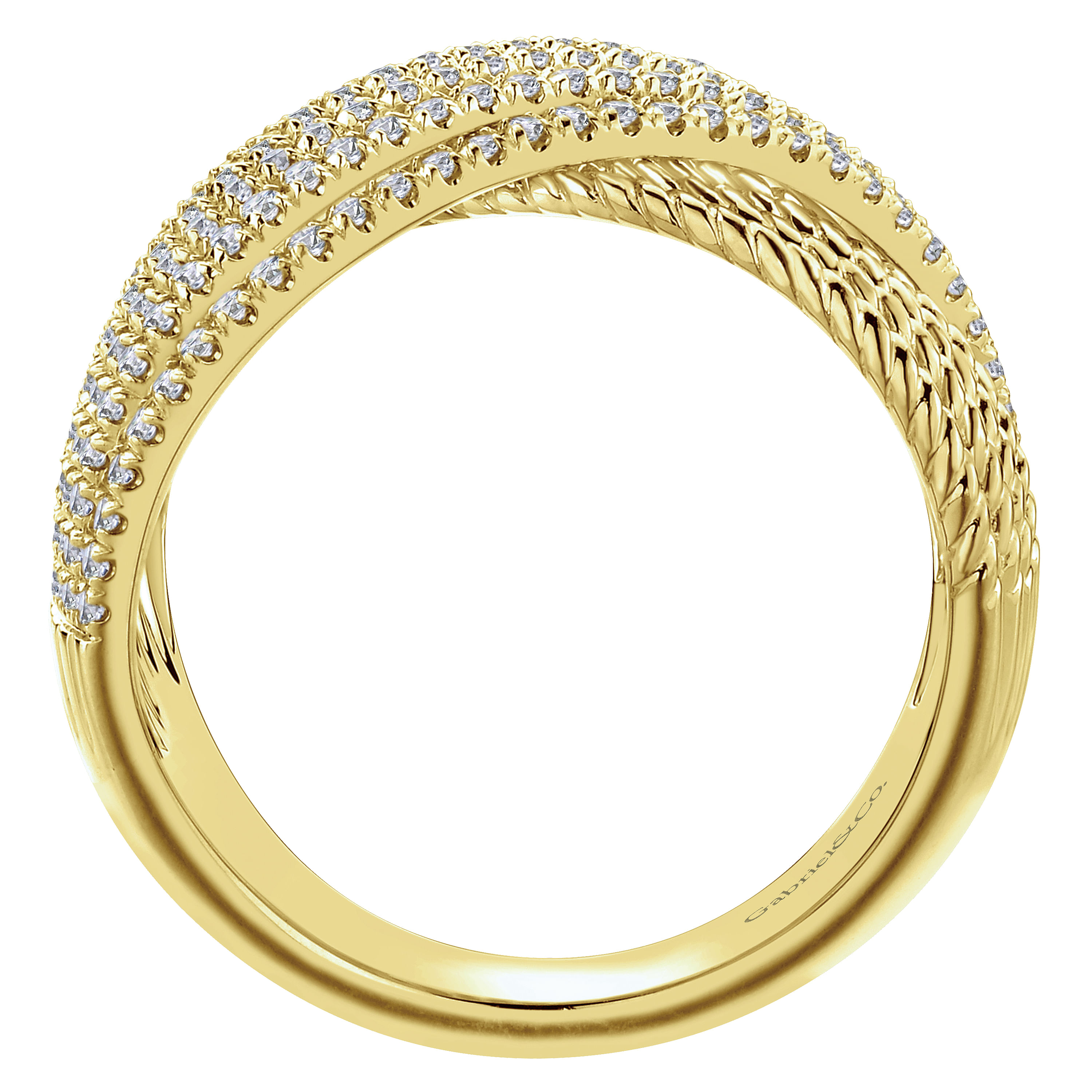 14K Yellow Gold Wide Twisted Rope and Diamond Channel Criss Cross Ring - 0.55 ct - Shot 2