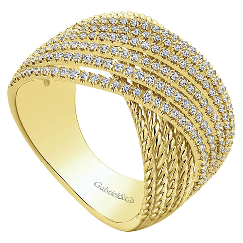 14K Yellow Gold Wide Twisted Rope and Diamond Channel Criss Cross Ring - 0.55 ct - Shot 3