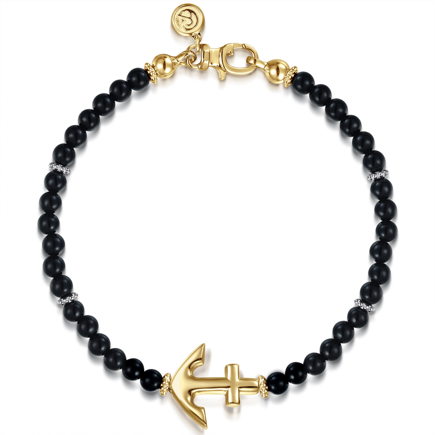 14K Yellow Gold and 4mm Onyx Beaded Bracelet with Anchor - Shot 1