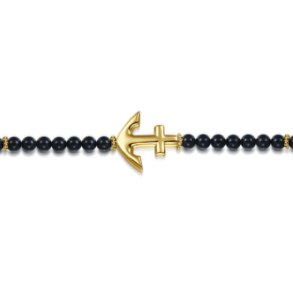 14K Yellow Gold and 4mm Onyx Beaded Bracelet with Anchor