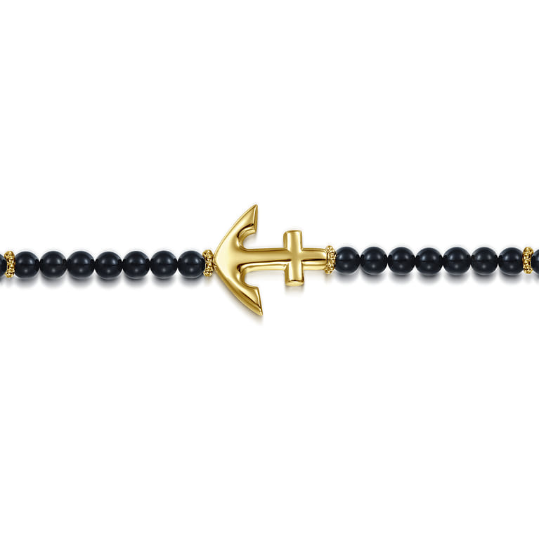14K Yellow Gold and 4mm Onyx Beaded Bracelet with Anchor - Shot 2