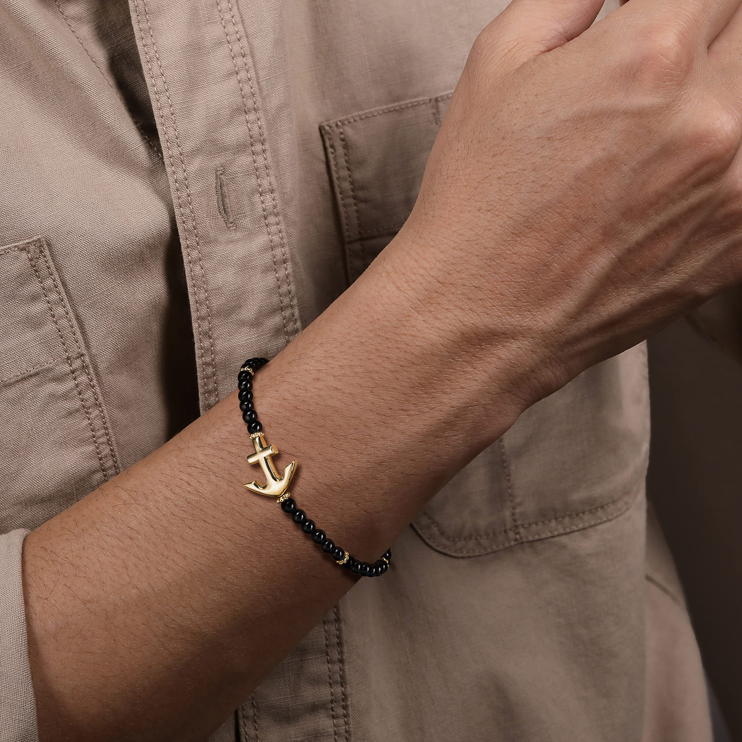 14K Yellow Gold and 4mm Onyx Beaded Bracelet with Anchor - Shot 3