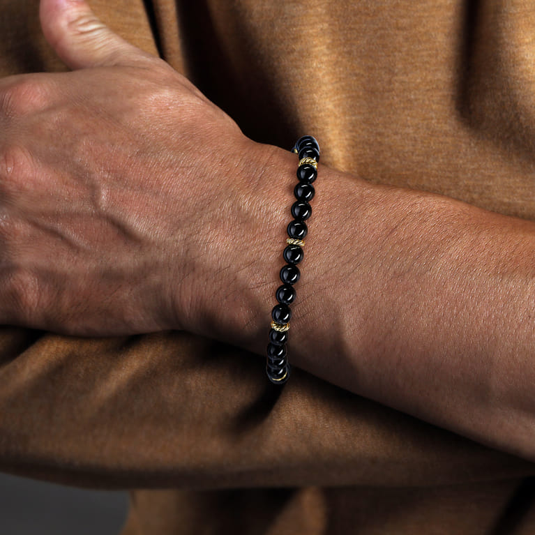 14K Yellow Gold and 6mm Black Onyx Beaded Bracelet - Shot 3