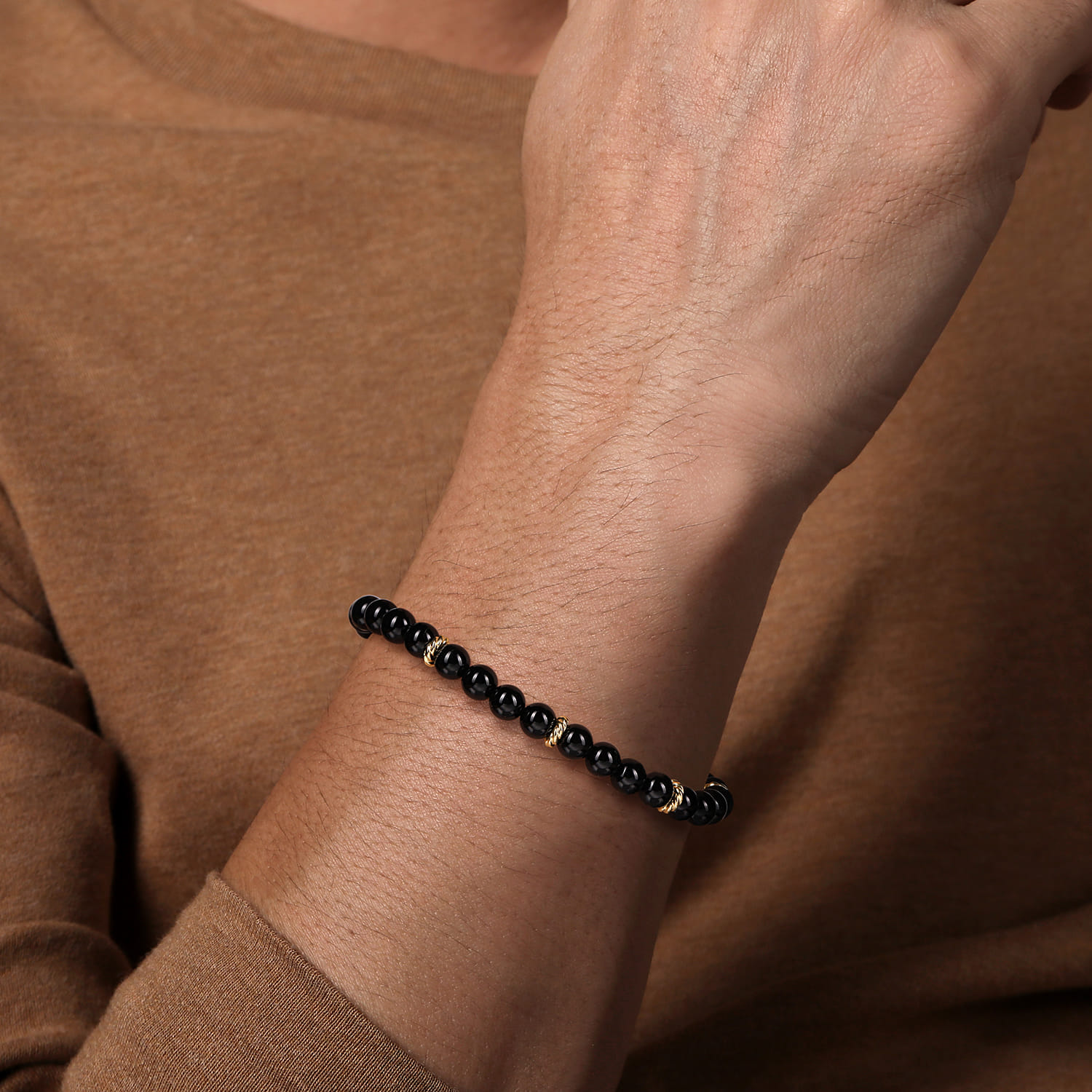 14K Yellow Gold and 6mm Black Onyx Beaded Bracelet - Shot 3