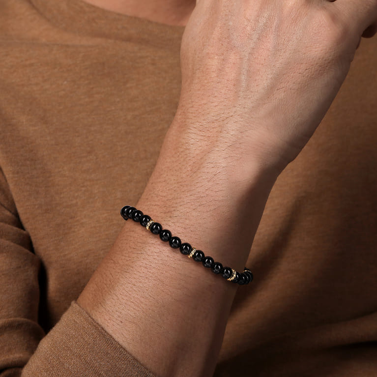 14K Yellow Gold and 6mm Black Onyx Beaded Bracelet - Shot 3