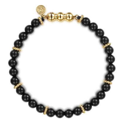 14K Yellow Gold and 6mm Black Onyx Beaded Bracelet