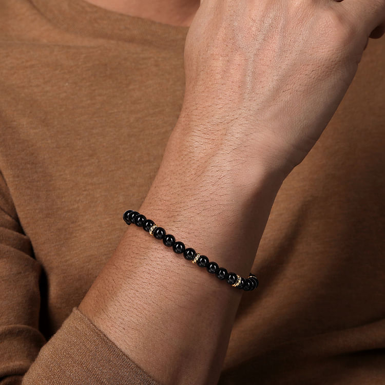 14K Yellow Gold and 6mm Black Onyx Beaded Bracelet