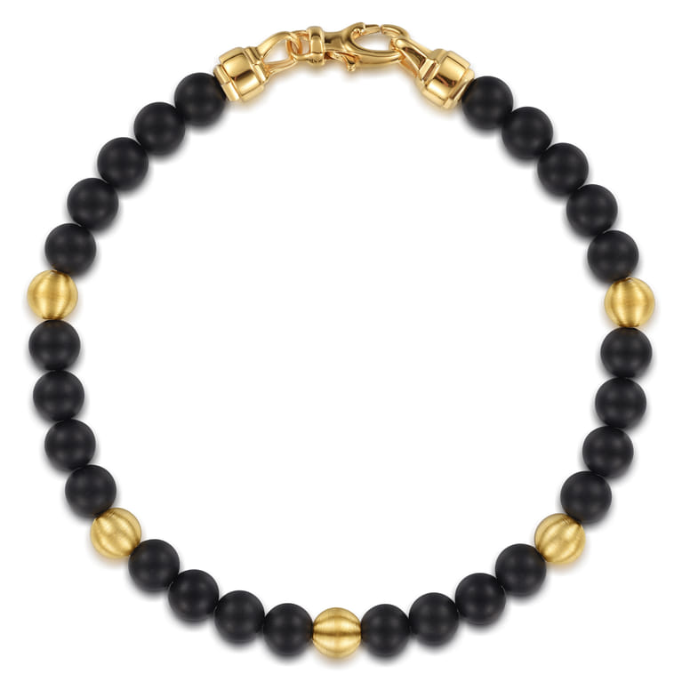 14K Yellow Gold and 6mm Black Titanium Sandblast Men's Beaded Bracelet - Shot 1