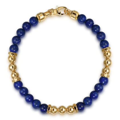 14K Yellow Gold and 6mm Lapis Beaded Station Bracelet