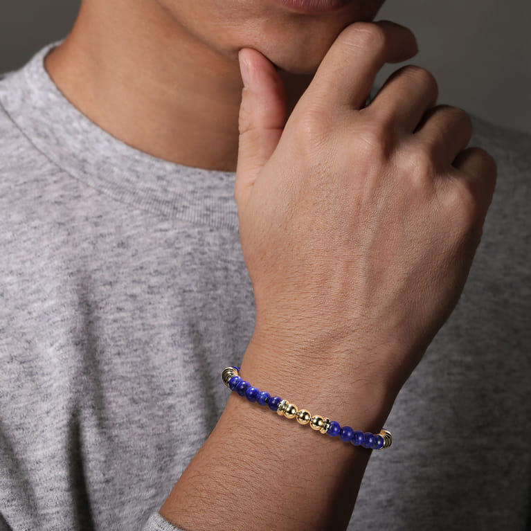 14K Yellow Gold and 6mm Lapis Beaded Station Bracelet - Shot 3