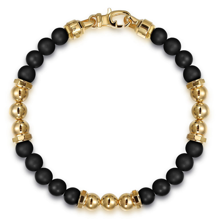 14K Yellow Gold and 6mm Matte Onyx Beaded Station Bracelet - Shot 1