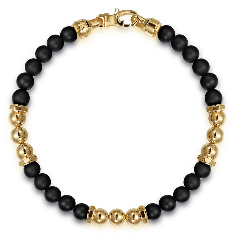 14K Yellow Gold and 6mm Matte Onyx Beaded Station Bracelet - Shot 1