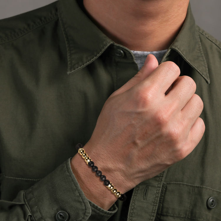 14K Yellow Gold and 6mm Matte Onyx Beaded Station Bracelet