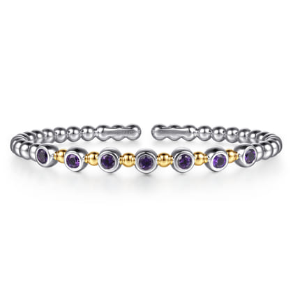 14K Yellow Gold and 925 Sterling Silver Amethyst Bezel Set Bujukan Split Bangle Bracelet