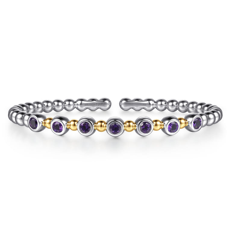 14K Yellow Gold and 925 Sterling Silver Amethyst Bezel Set Bujukan Split Bangle Bracelet - Shot 1