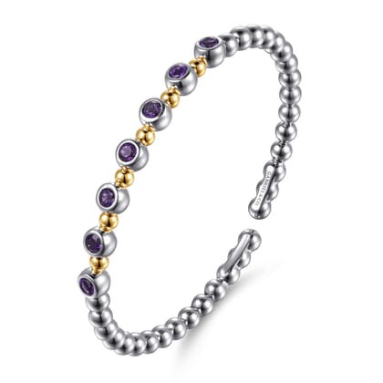 14K Yellow Gold and 925 Sterling Silver Amethyst Bezel Set Bujukan Split Bangle Bracelet
