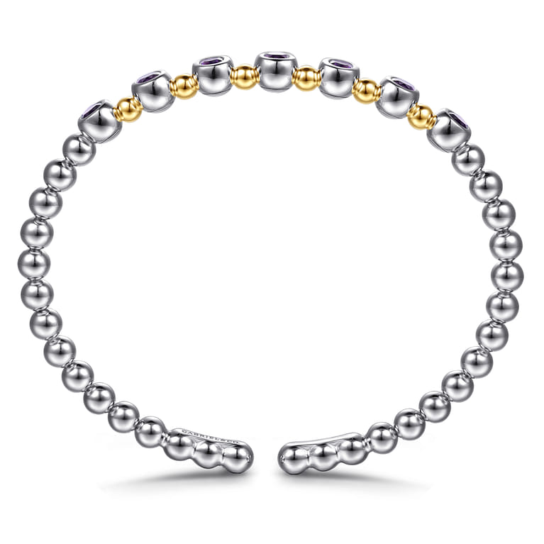 14K Yellow Gold and 925 Sterling Silver Amethyst Bezel Set Bujukan Split Bangle Bracelet - Shot 3