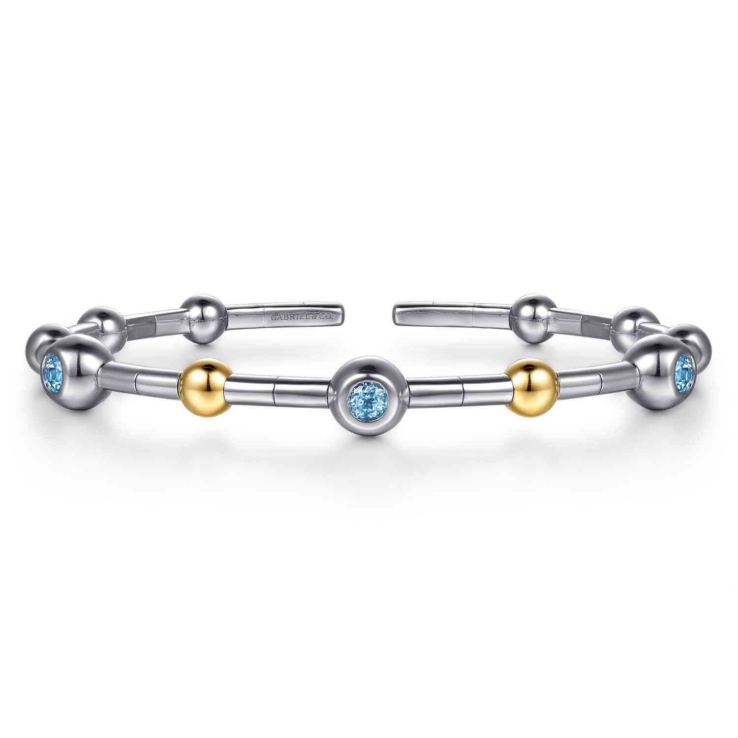 14K Yellow Gold and 925 Sterling Silver Blue Topaz Bezel Bujukan Bangle
