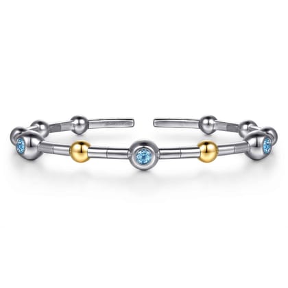 14K Yellow Gold and 925 Sterling Silver Blue Topaz Bezel Bujukan Bangle