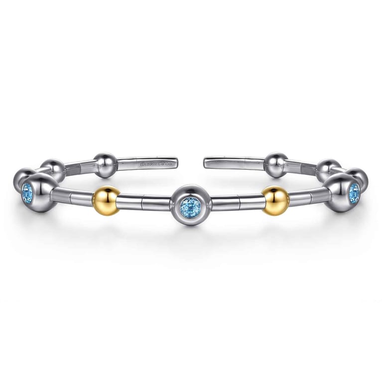 14K Yellow Gold and 925 Sterling Silver Blue Topaz Bezel Bujukan Bangle - Shot 1