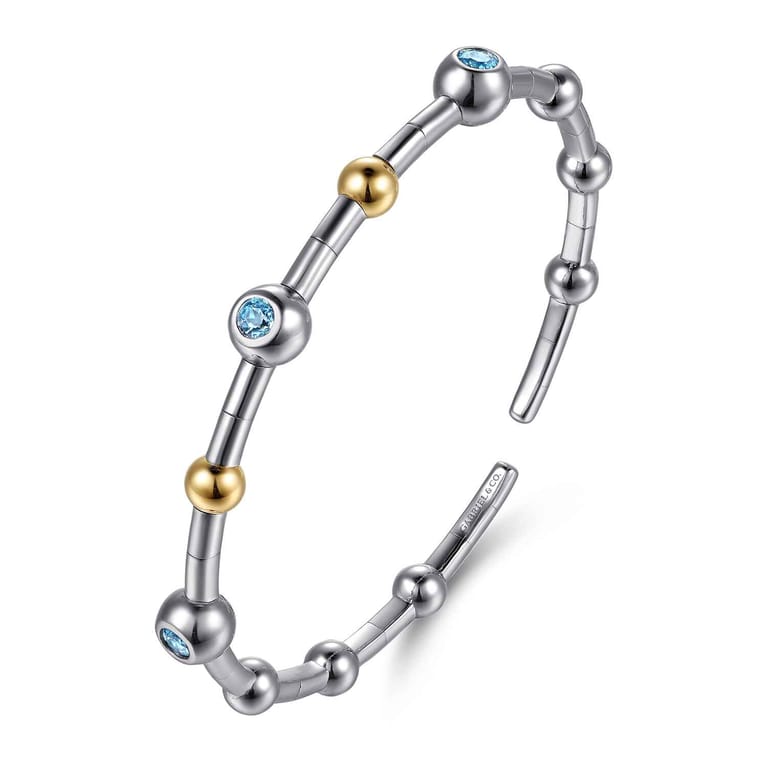 14K Yellow Gold and 925 Sterling Silver Blue Topaz Bezel Bujukan Bangle - Shot 2