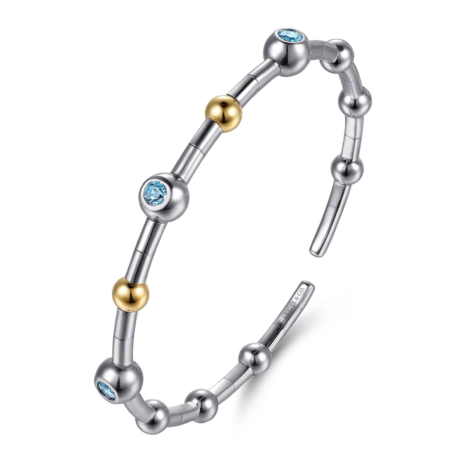 14K Yellow Gold and 925 Sterling Silver Blue Topaz Bezel Bujukan Bangle - Shot 2