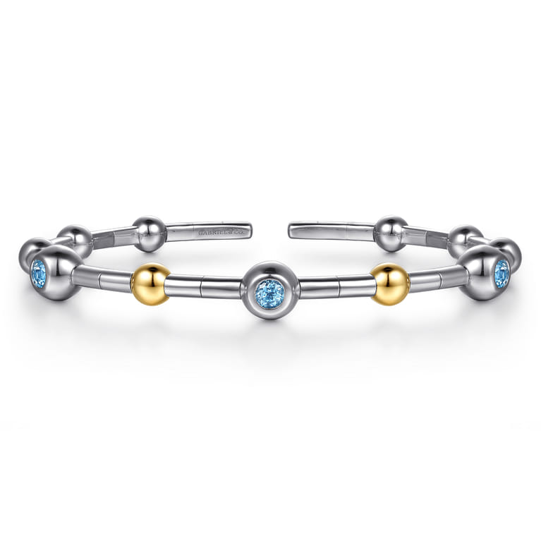 14K Yellow Gold and 925 Sterling Silver Blue Topaz Bezel Bujukan Bangle - Shot 1
