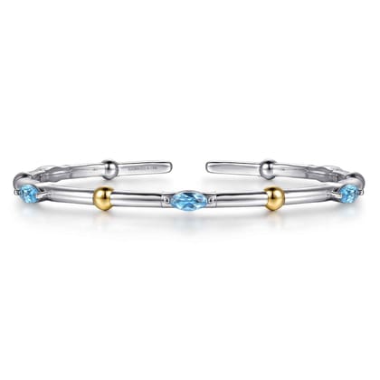 14K Yellow Gold and 925 Sterling Silver Blue Topaz Bujukan Bangle Bracelet