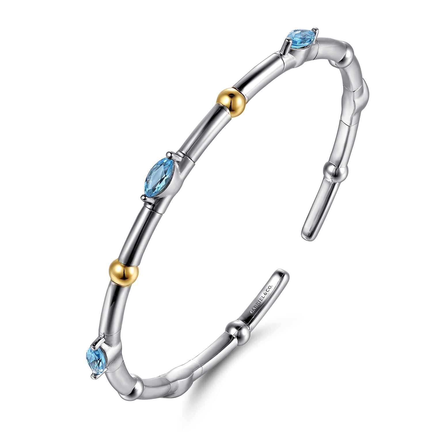 14K Yellow Gold and 925 Sterling Silver Blue Topaz Bujukan Bangle Bracelet