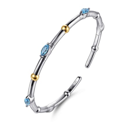 14K Yellow Gold and 925 Sterling Silver Blue Topaz Bujukan Bangle Bracelet
