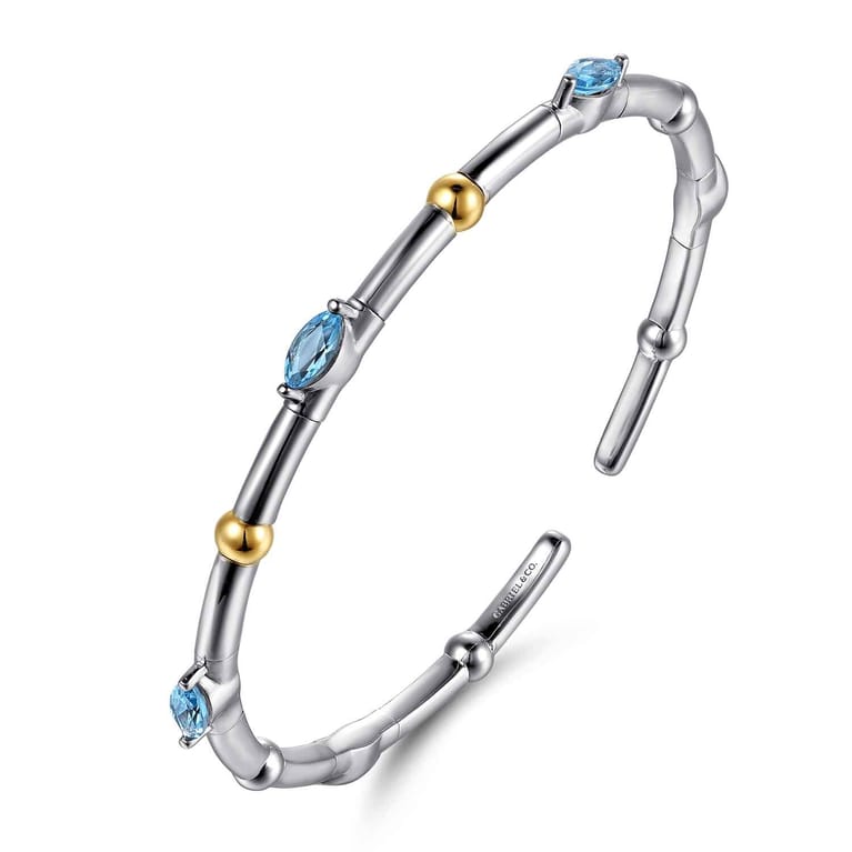 14K Yellow Gold and 925 Sterling Silver Blue Topaz Bujukan Bangle Bracelet - Shot 2