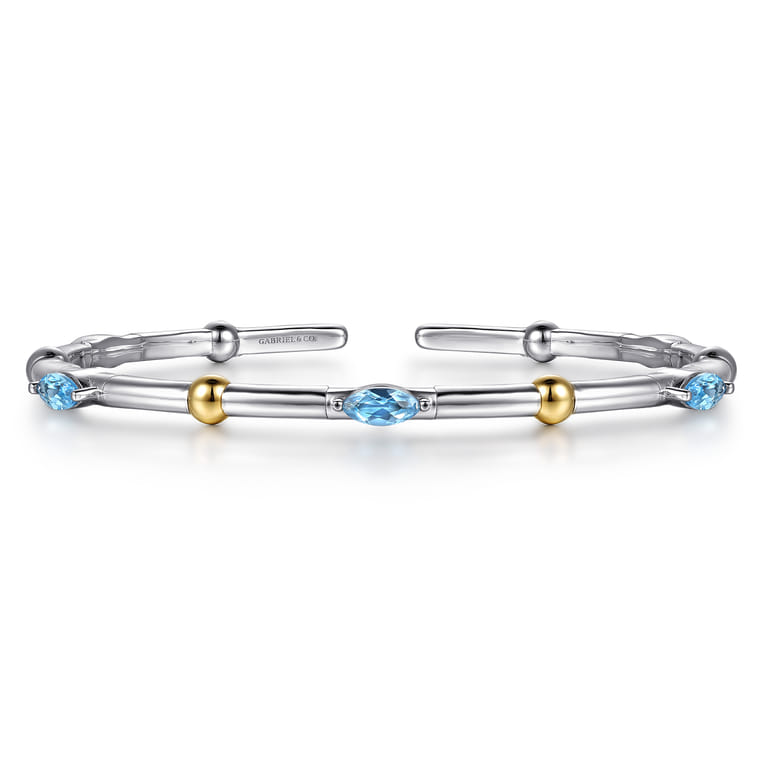 14K Yellow Gold and 925 Sterling Silver Blue Topaz Bujukan Bangle Bracelet - Shot 1