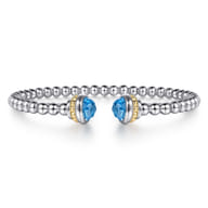 14K Yellow Gold and 925 Sterling Silver Blue Topaz Bujukan Open Bangle
