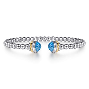 14K Yellow Gold and 925 Sterling Silver Blue Topaz Bujukan Open Bangle