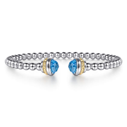 14K Yellow Gold and 925 Sterling Silver Blue Topaz Bujukan Open Bangle