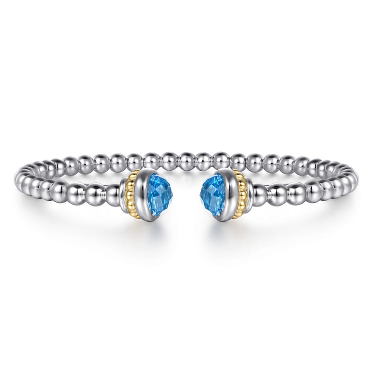 14K Yellow Gold and 925 Sterling Silver Blue Topaz Bujukan Open Bangle - Shot 1