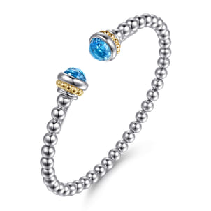14K Yellow Gold and 925 Sterling Silver Blue Topaz Bujukan Open Bangle