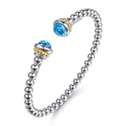 14K Yellow Gold and 925 Sterling Silver Blue Topaz Bujukan Open Bangle