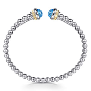 14K Yellow Gold and 925 Sterling Silver Blue Topaz Bujukan Open Bangle